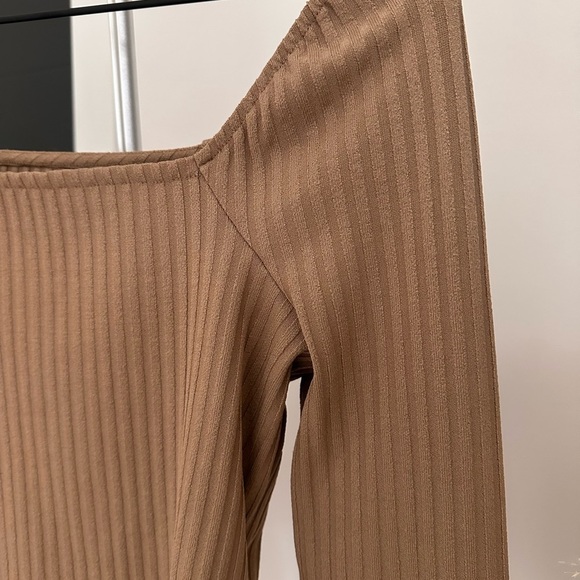 Madewell Tan Ribbed Square-Neck Top Long Sleeve Medium - Picture 3 of 8